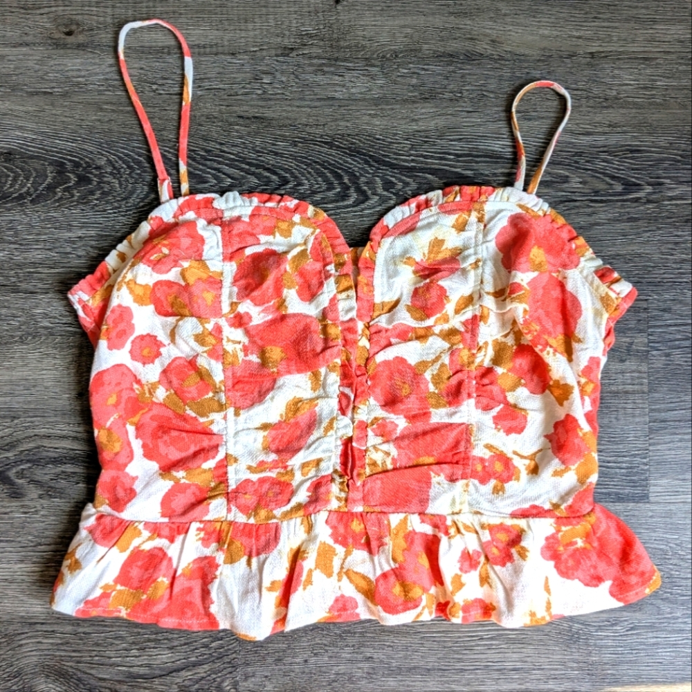SIENNA SKY Linen Blend Floral Cami / Cropped Ruffled Tank Top,‎ Size L